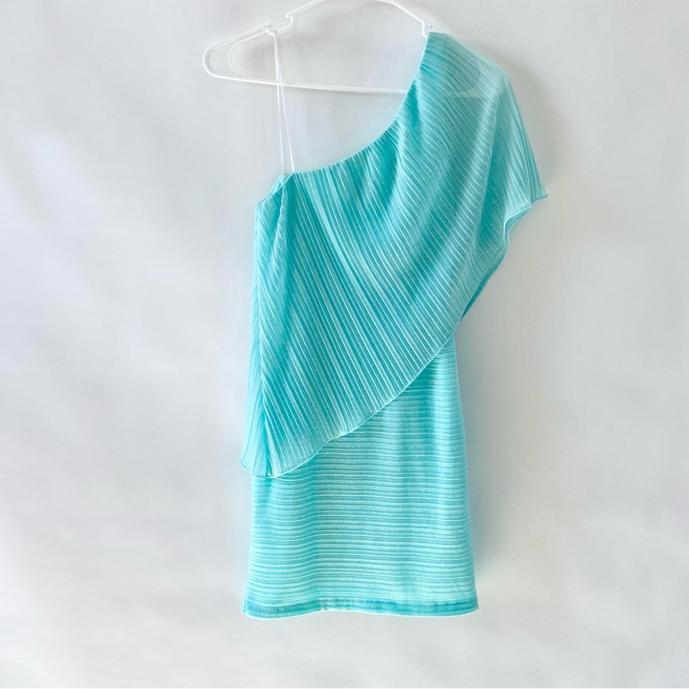 NWT Windsor Sparkly Glitter One Shoulder Sheer Flounce Bodycon Mini Dress Mint 2 - Picture 4 of 14